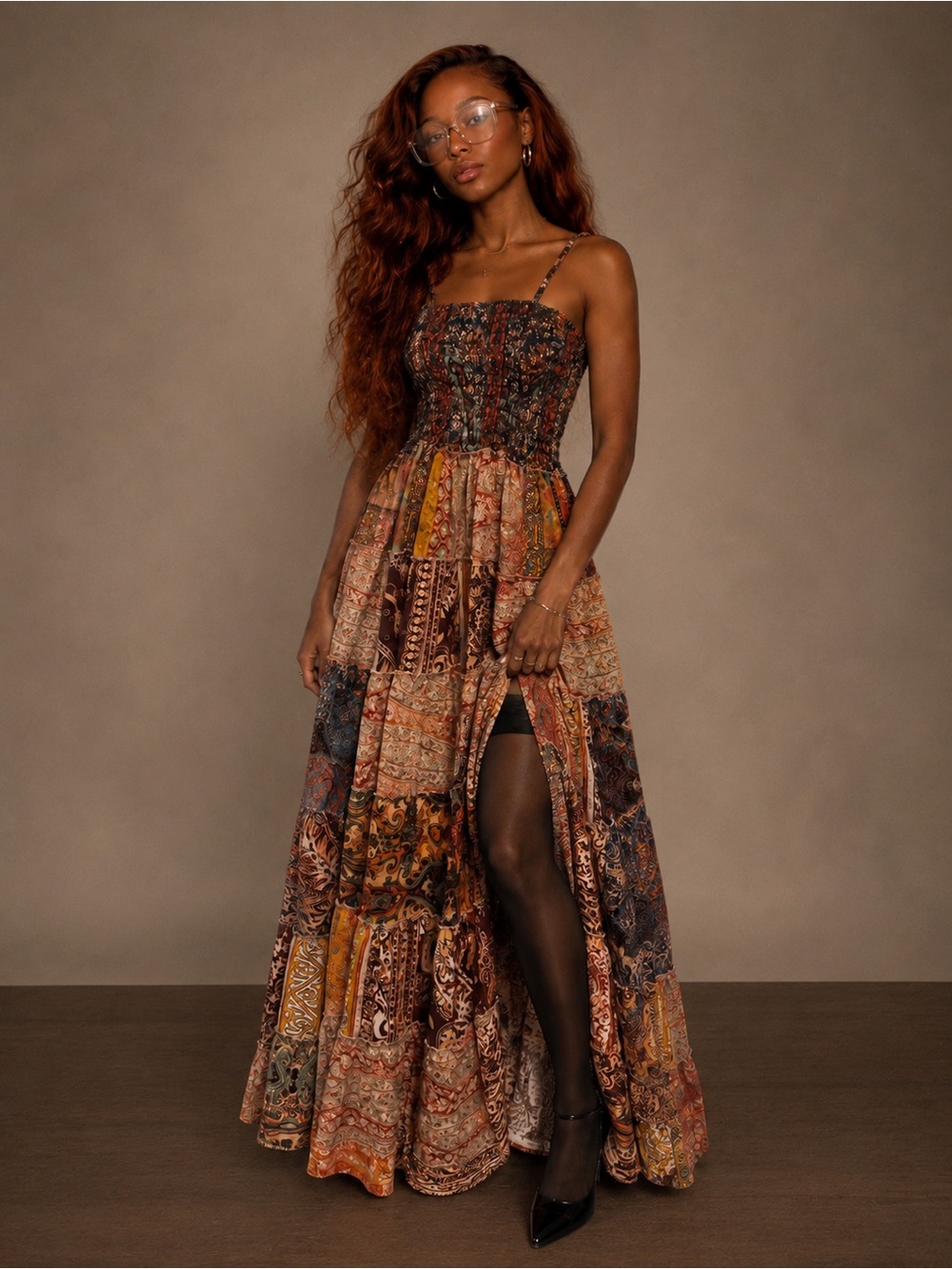 POL Boho Patchwork Maxi Dress in Rust Multi